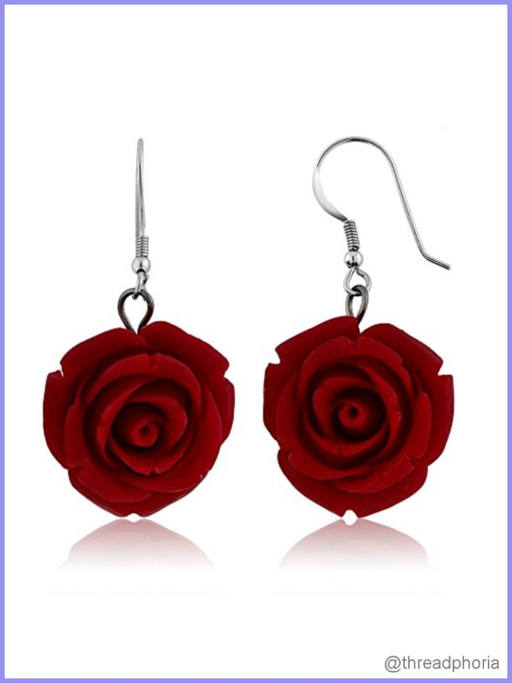 Carved Rose Flower Earrings 925 Sterling Silver Red Simulated Coral Drop Dangle